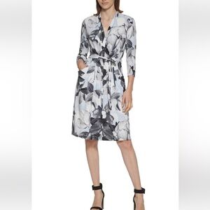 Calvin Klein Black and White Floral 3/4 Sleeve Dress